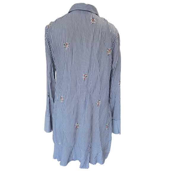 Zara Blue and White Striped Blouse with Floral Embroidery Size Medium - Picture 3 of 8